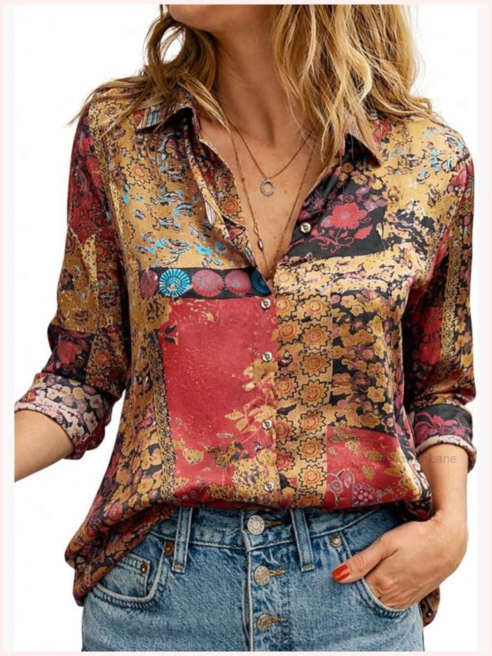 Silky Boho Button Down Blouse Long Sleeve V-Neck Tops